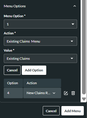 Menu Options panel