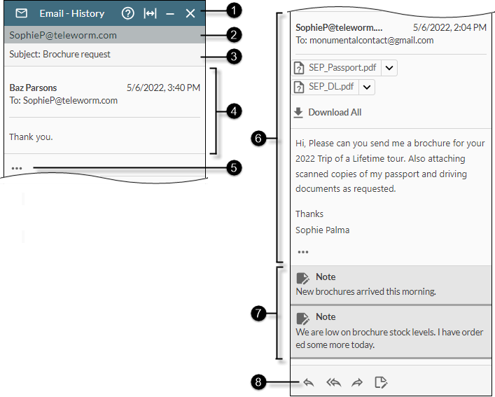 annotated Incoming email history panel 