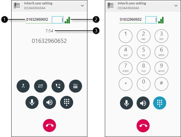 Phone tab during a call for web ipath and an ipath endpoint device.  Three labels numbered 1 to 3. 