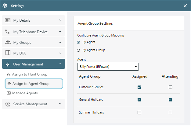 Assigning agent groups to an agent