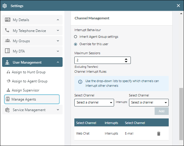 Channel interrupt settings