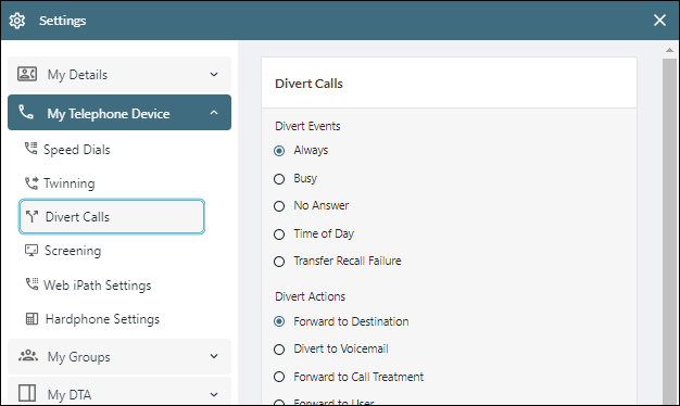 Divert Call settings