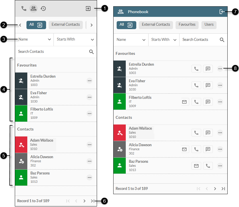 Contacts tab with 6 labels, numbered 1 to 6