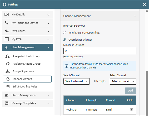 Channel interrupt settings