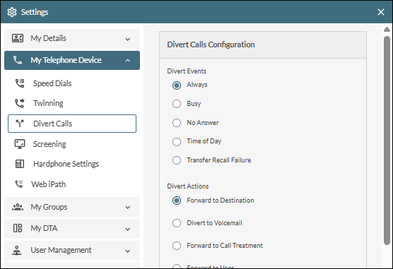 Divert Call settings
